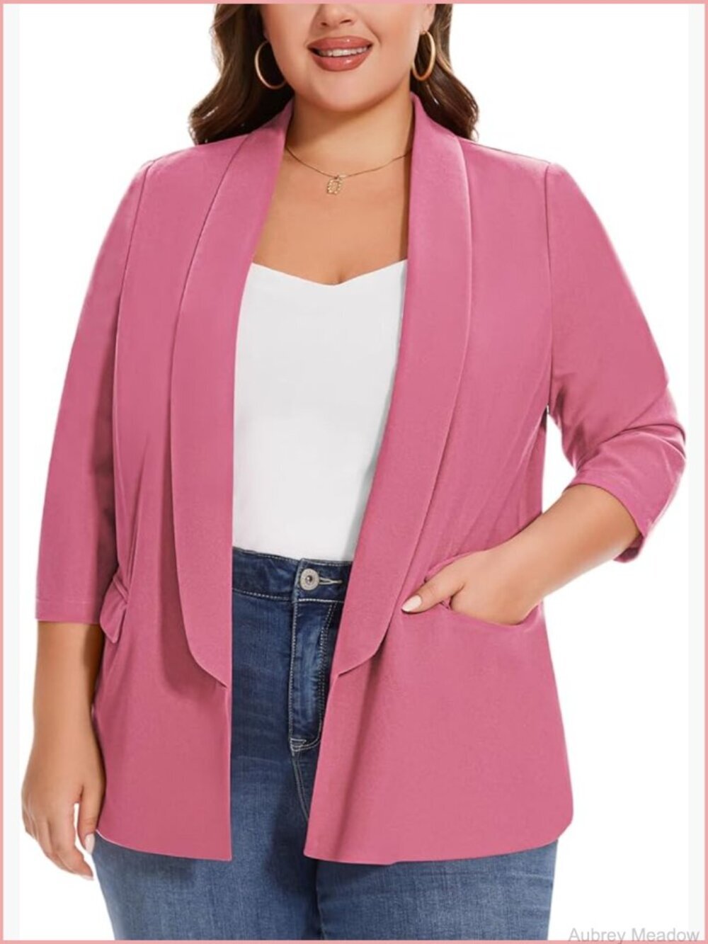 Plus Size 3/4 Sleeve Open Front Blazer with Pockets